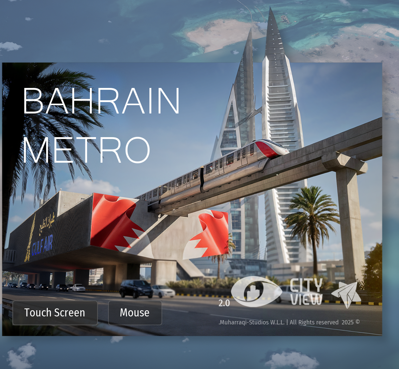 A CityView start screen for a metro network, elevated track running past city towers